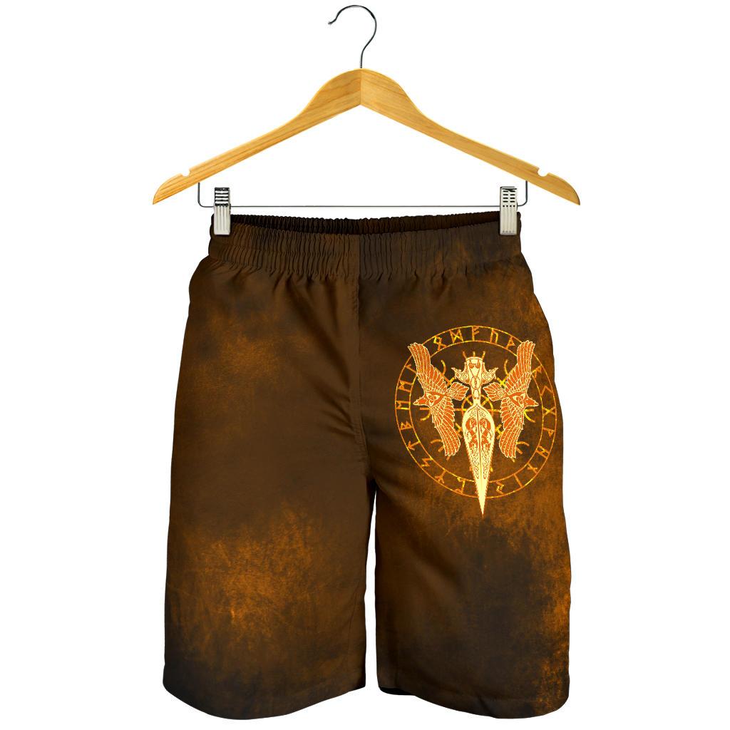 viking-all-over-print-mens-shorts-gold-spear-of-the-god-odin-gungnir-and-two-gold-ravens