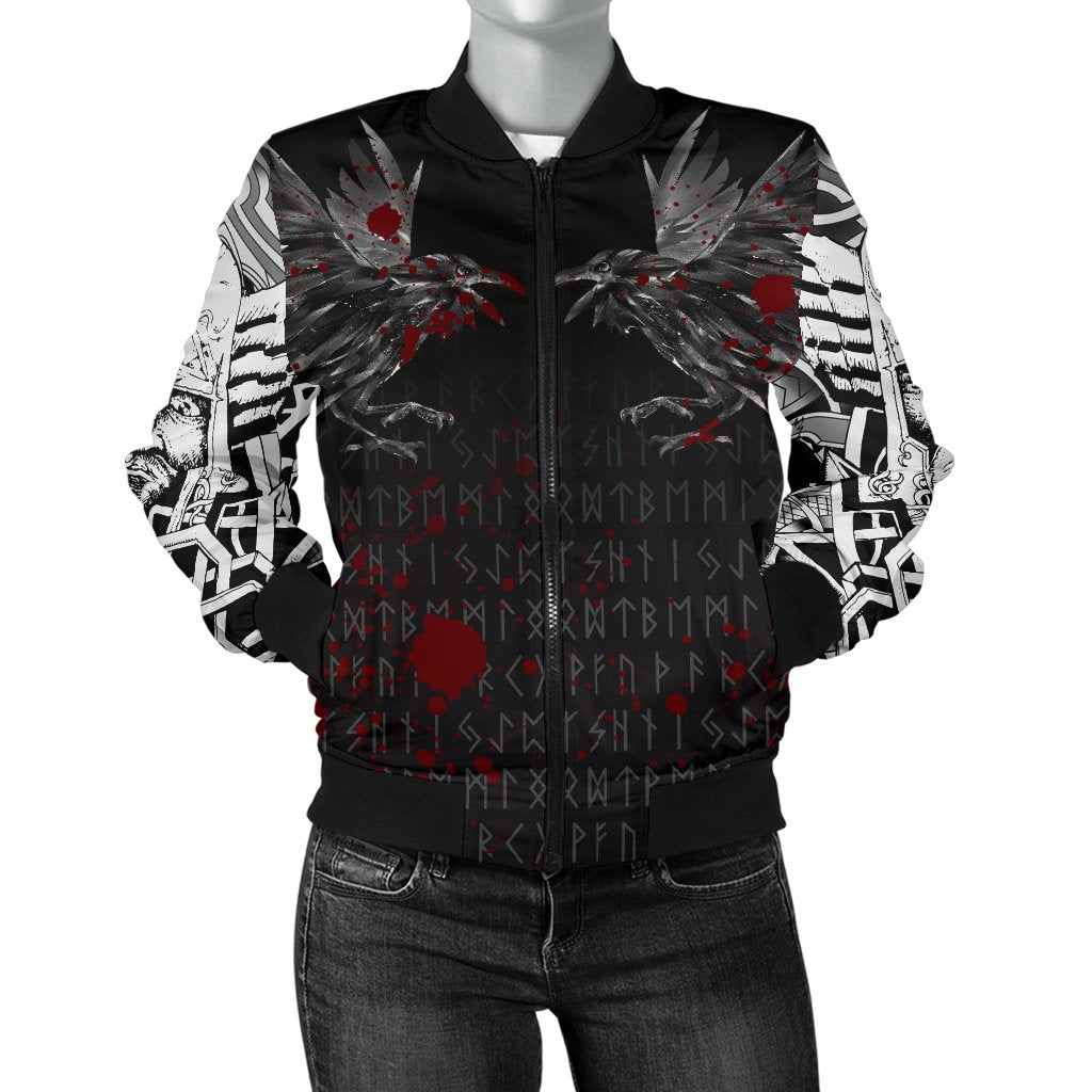 Viking Women's Bomber Jacket - Odin Huginn and Muninn Rune Blood RLT12 - Wonder Print Shop