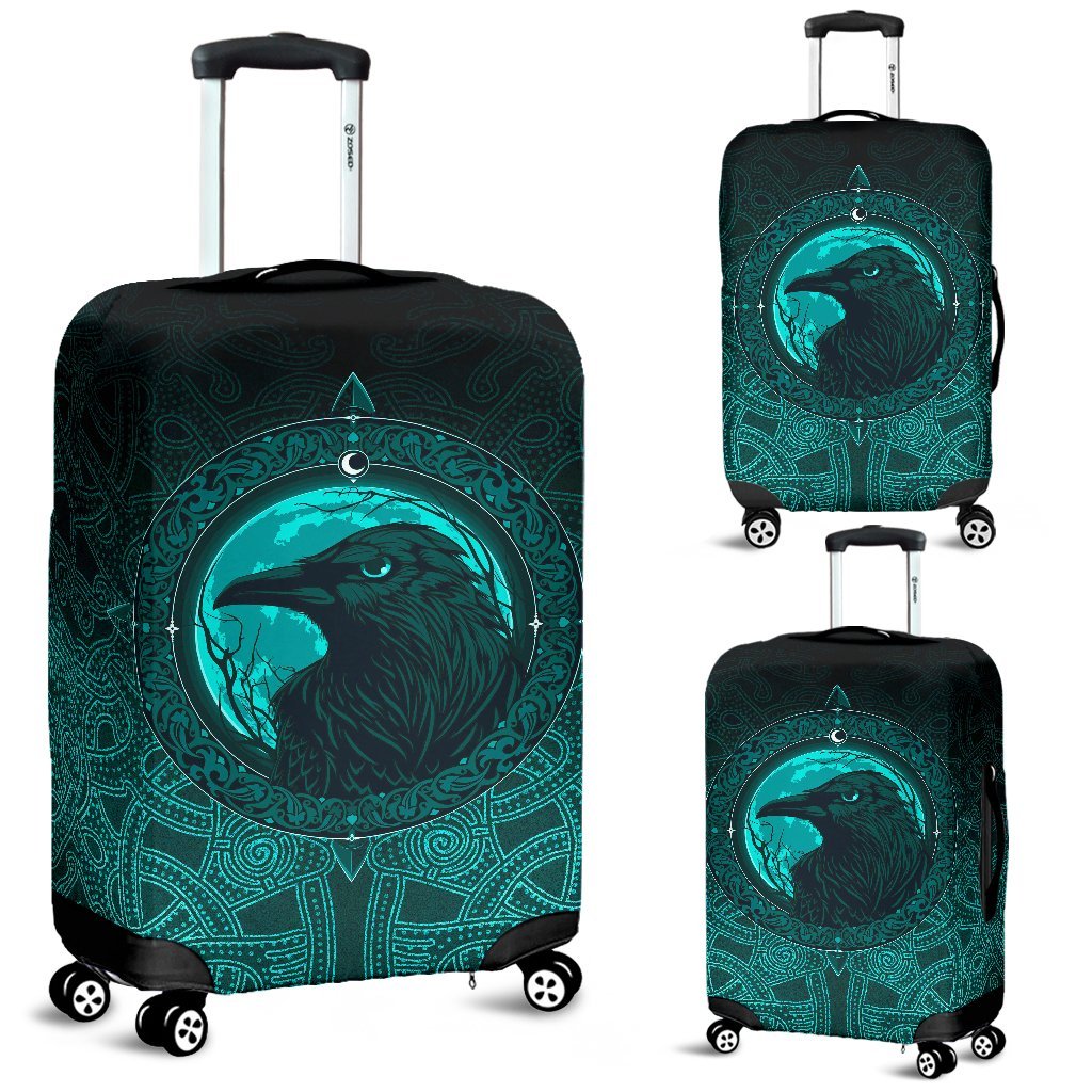 Viking Luggage Cover, Ethnic Odin Raven Cyan RLT12 - Wonder Print Shop