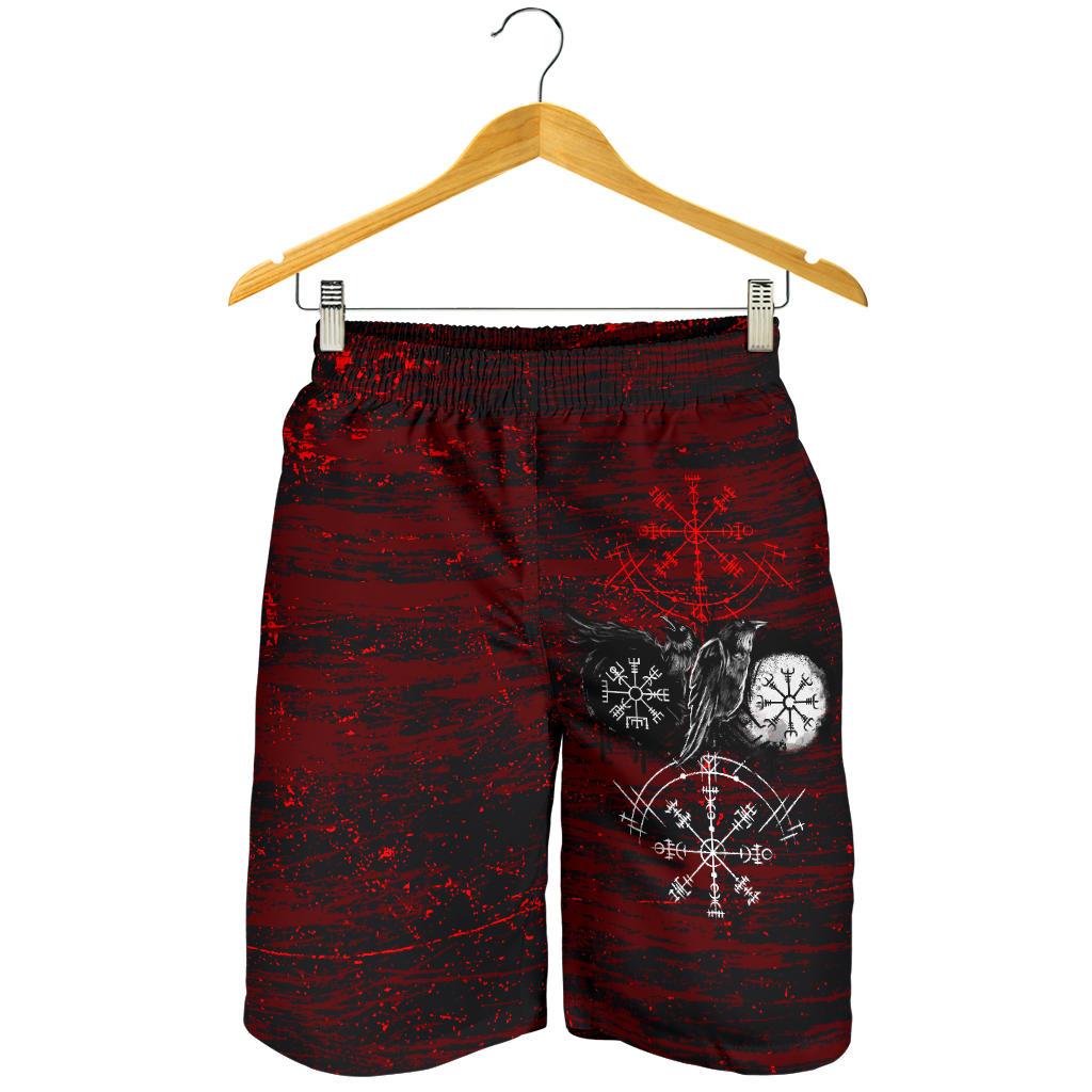 viking-all-over-print-mens-shorts-raven-of-odin-and-symbol-viking-on-blood-background