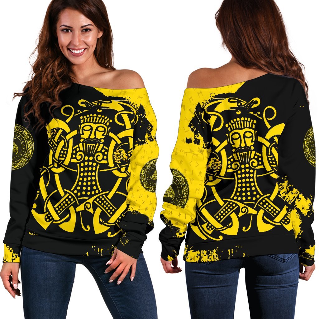 Viking Women's Off Shoulder Sweater, Loki Bound Triskele Rune Gold RLT12 - Wonder Print Shop