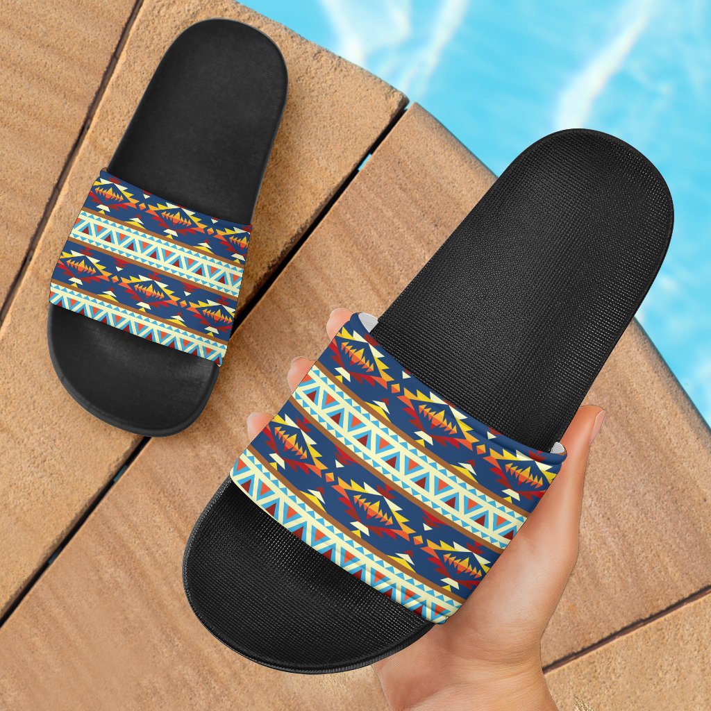blue-pattern-native-american-slide-sandals