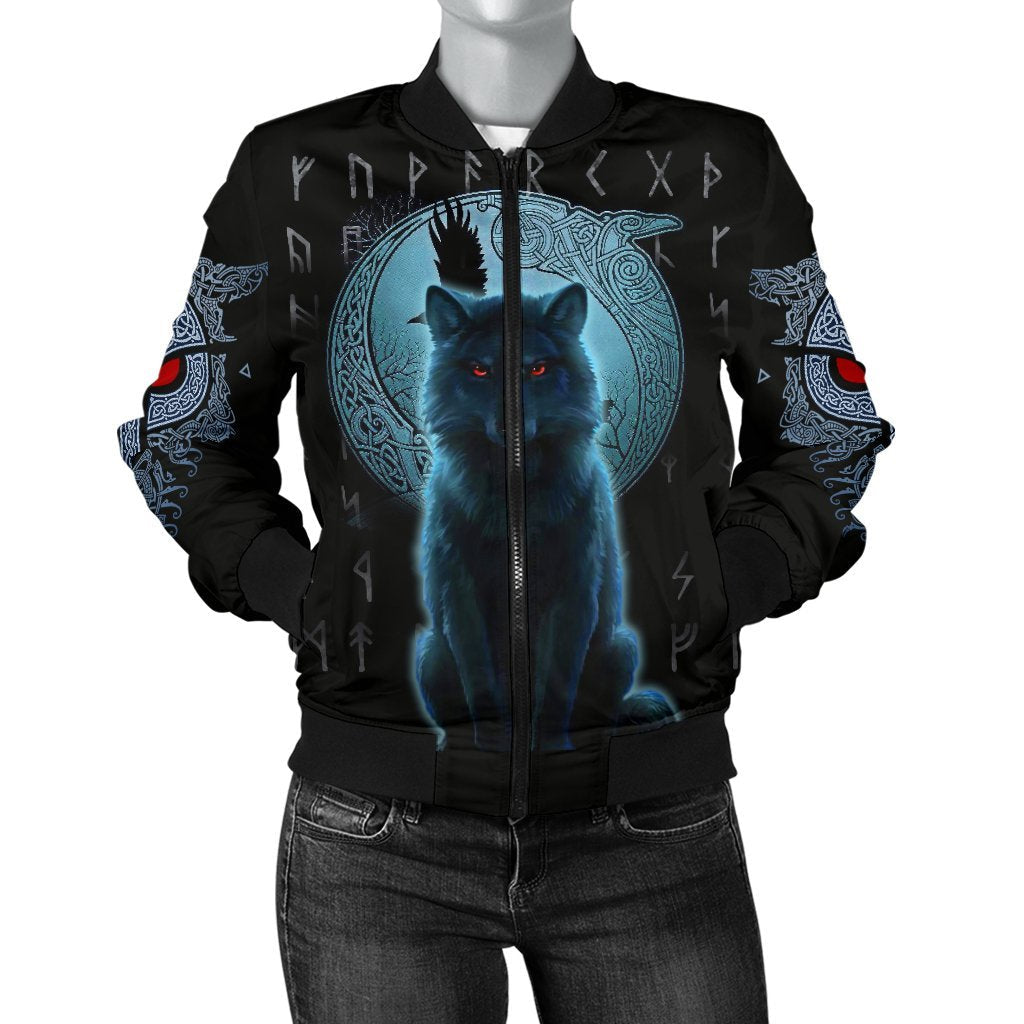 Viking Women's Bomber Jacket, Fenrir Viking Wolf and Moon RLT12 - Wonder Print Shop