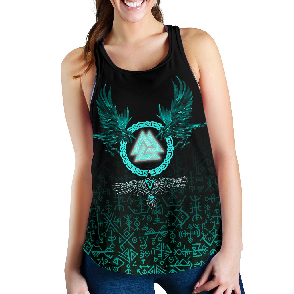 Viking Women's Racerback Tank Three Raven and Valknut Cyan RLT12 - Wonder Print Shop
