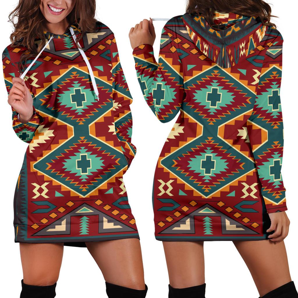 Tribe Ethnic Red Pattern Native American Hoodie Dress LT10 - Wonder Print Shop
