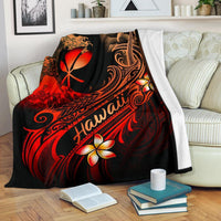 Black Polynesian blanket with red “Hawaii” script, plumeria flowers, and wave swirls