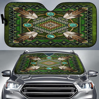 Green Native American mandala car sun shade, beaded circle and arrowhead details