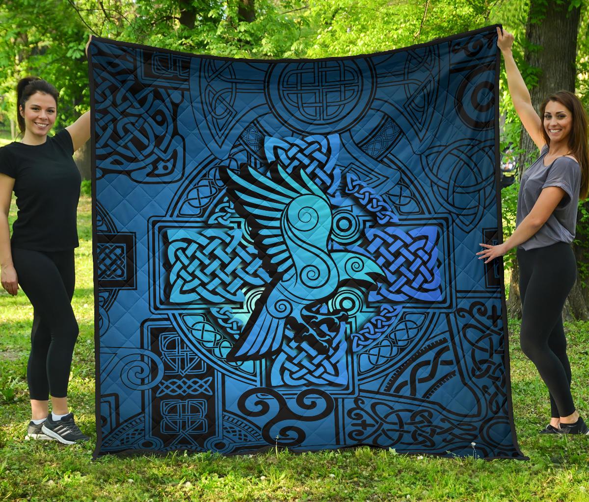 Viking Premium Quilt - Raven Odin Celtic Cyan RLT12 - Wonder Print Shop