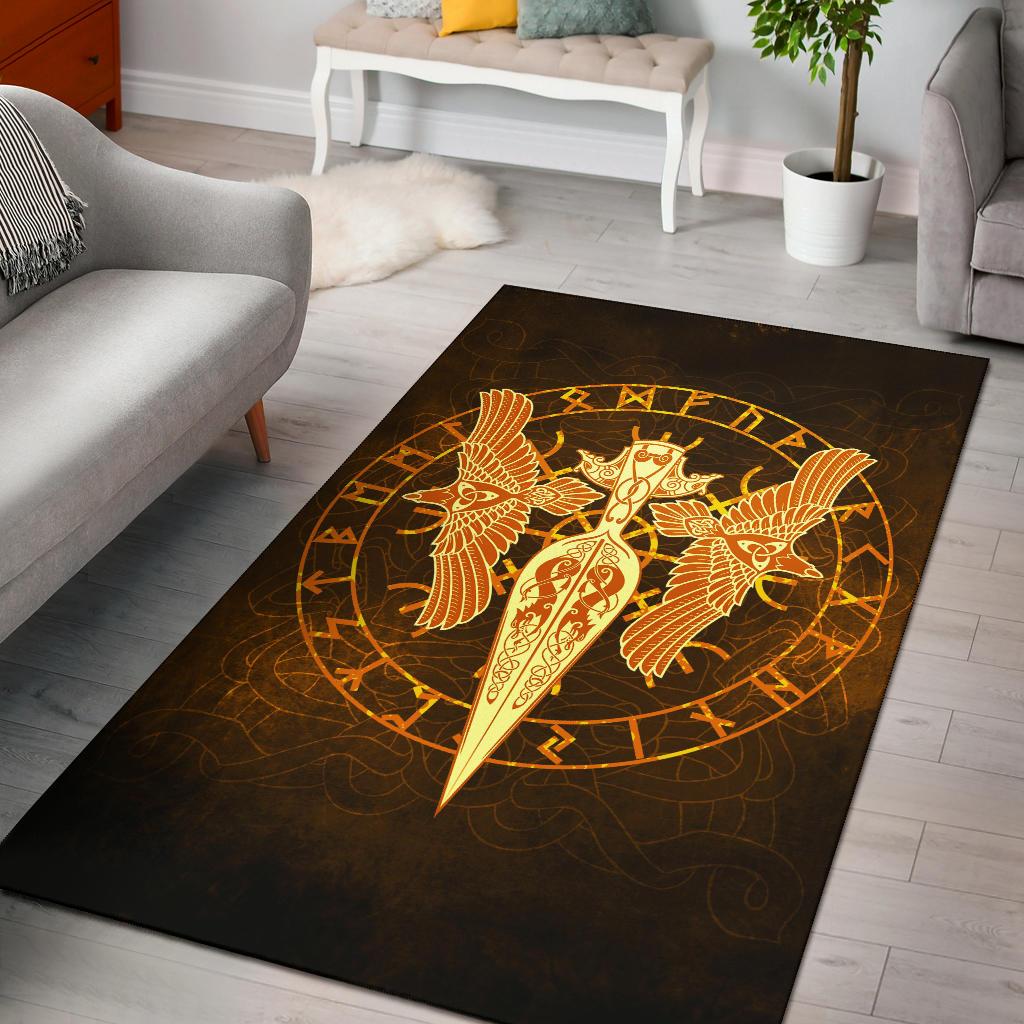 Viking Area Rug Gold Spear Of The God Odin Gungnir and Two Gold Ravens RLT12 - Wonder Print Shop