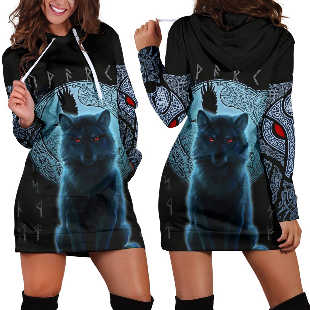 Viking Hoodie Dress, Fenrir Viking Wolf and Moon RLT12 - Wonder Print Shop