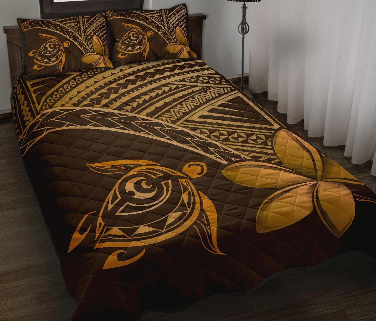 Hawaiian Turtle Plumeria Kakau Polynesian Quilt Bedding Set Brown - Wonder Print Shop