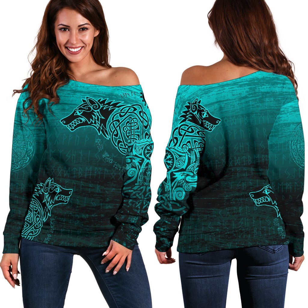 Viking Women's Off Shoulder Sweater, Skoll and Hati RLT12 - Wonder Print Shop