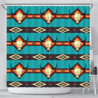Blue shower curtain with repeating bull skull and Southwestern diamond pattern
