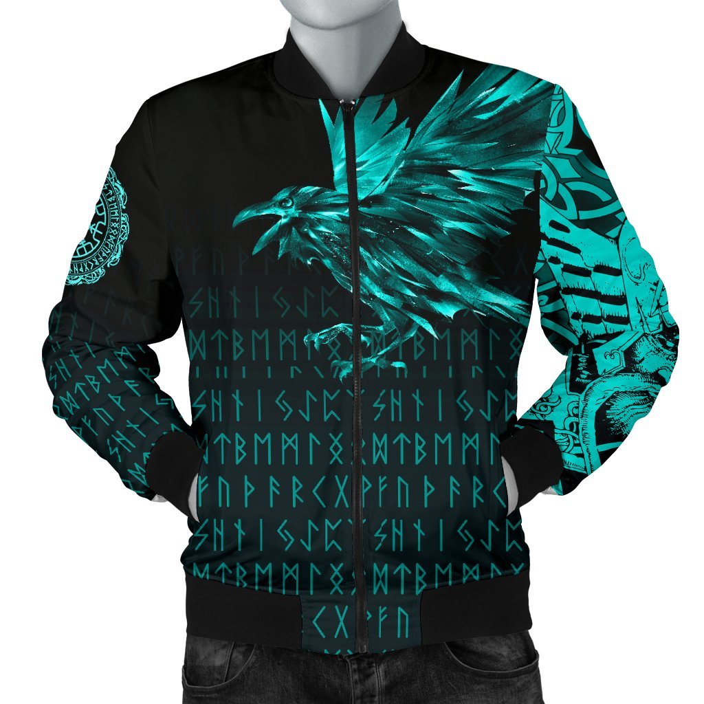 Viking Men's Bomber Jacket - The Raven Of Odin Rune Cyan RLT12 - Wonder Print Shop