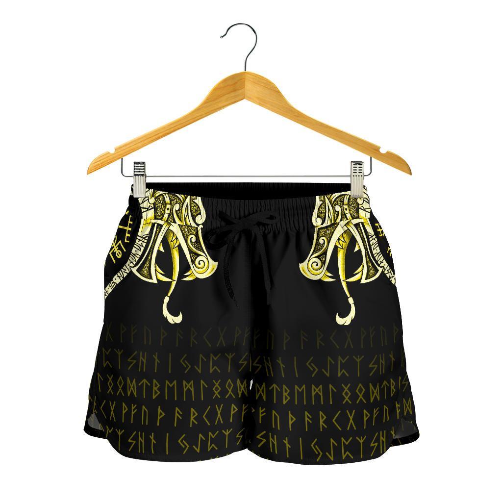 viking-womens-shorts-fenrir-raven-and-vegvisir-tattoo-yellow