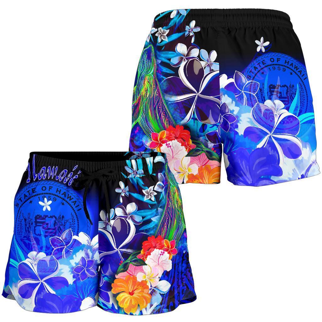 Pair of blue tropical-print shorts with black waist, flowers and whale graphic panels