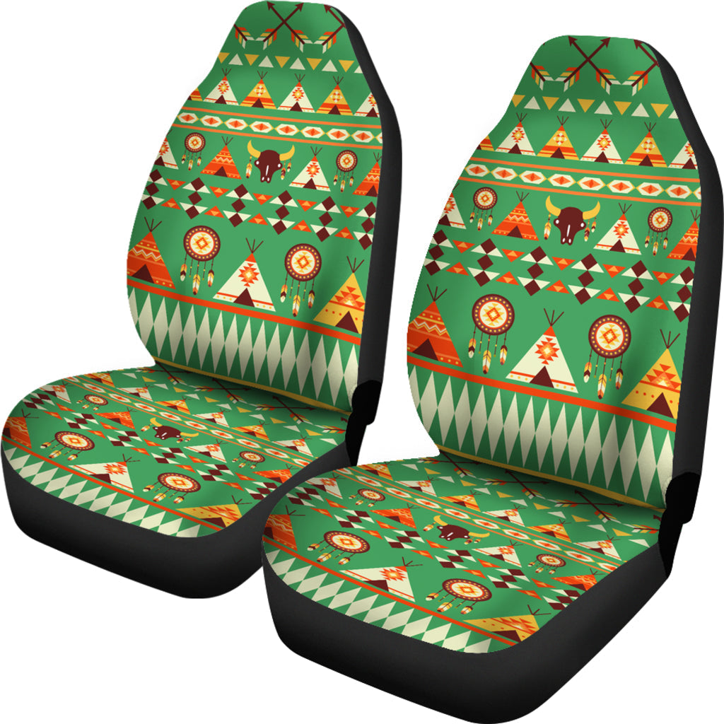 Pair of green bison-pattern car seat covers with multicolor tribal motifs