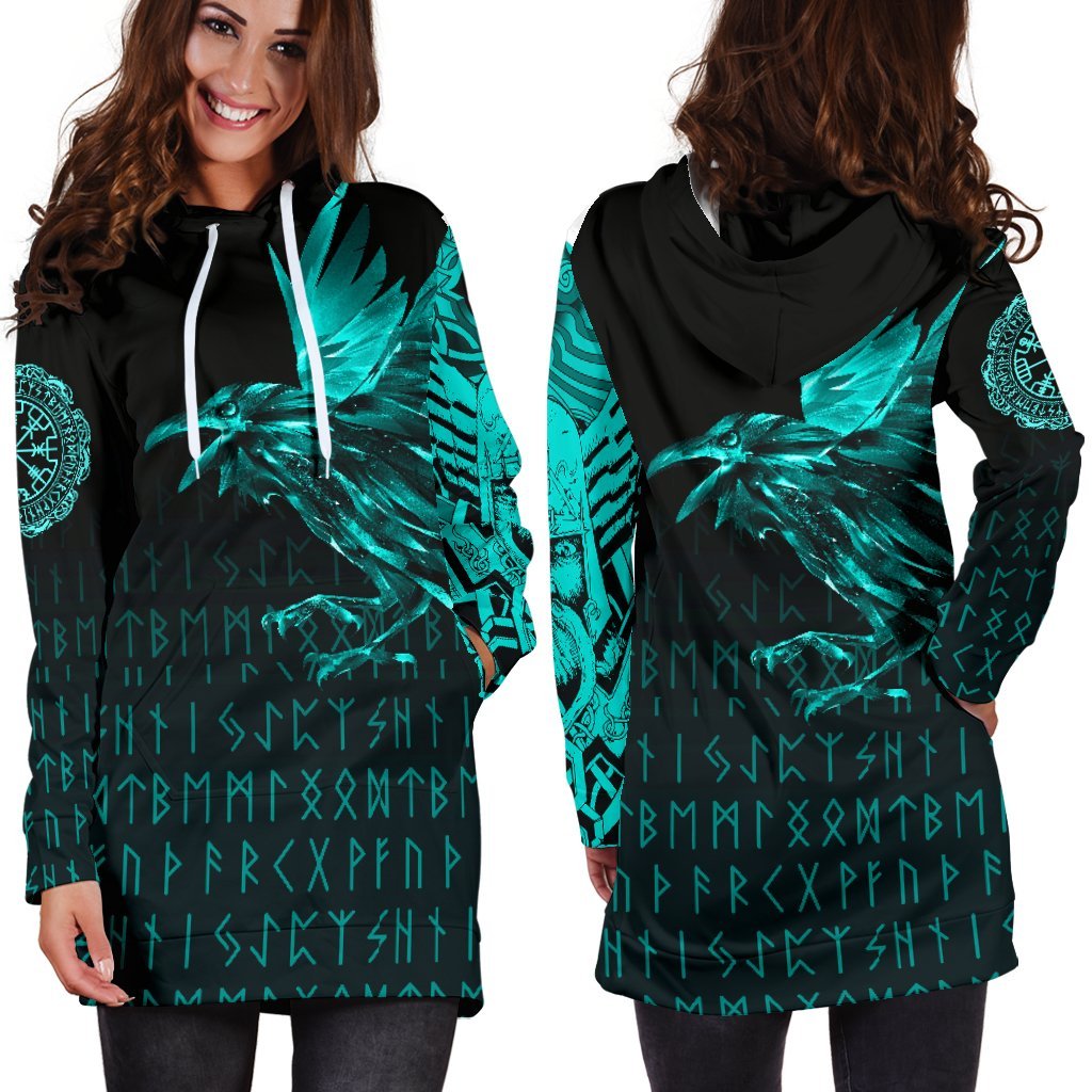 Viking Hoodie Dress The Raven Of Odin Rune Cyan RLT12 - Wonder Print Shop