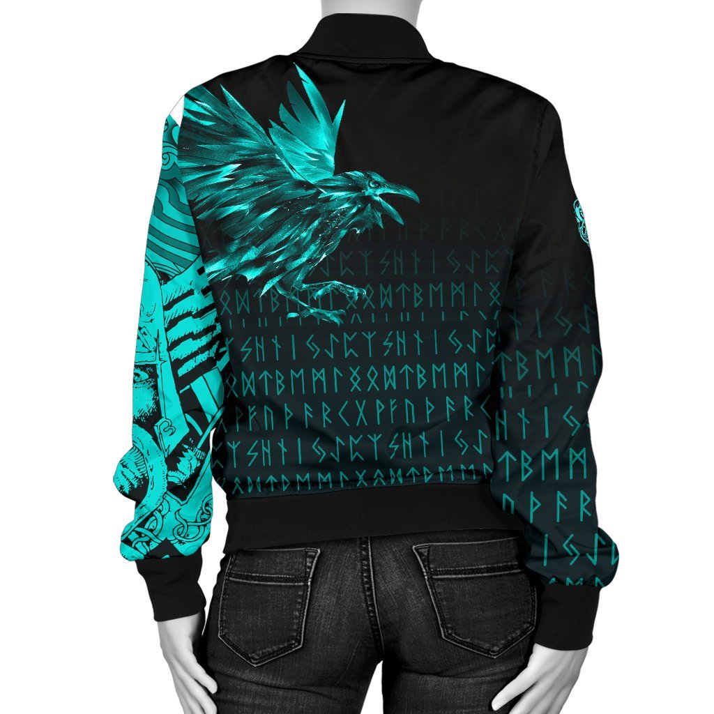Viking Women's Bomber Jacket - The Raven Of Odin Rune Cyan RLT12 - Wonder Print Shop
