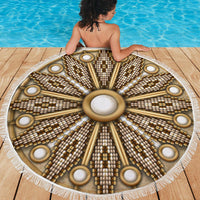 Grey round beach blanket, beadwork style mandala with central ring and white fringe