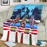 Horse costume blanket draped on sofa, blue top with three costumed horses and striped hem