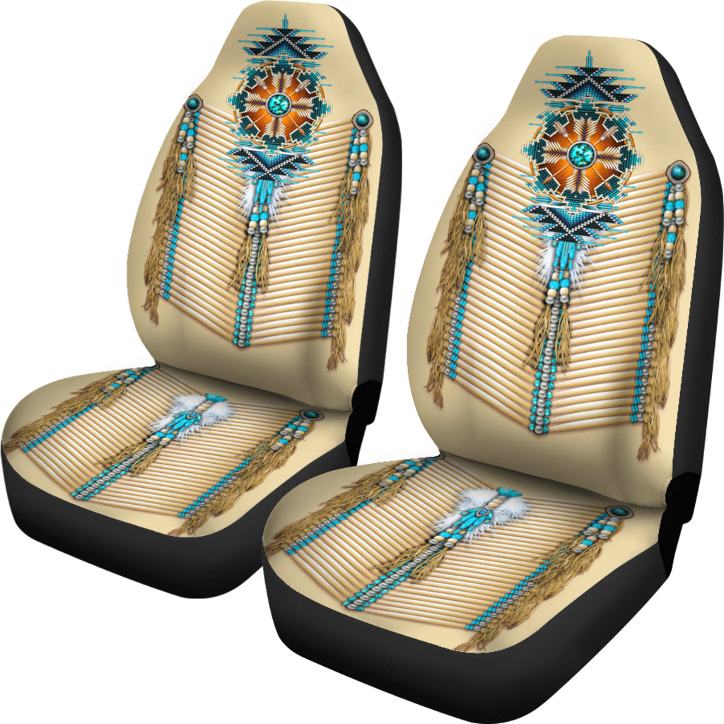 Set of two seat covers: turquoise breastplate design with beaded fringe and vertical lines