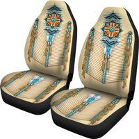 Set of two seat covers: turquoise breastplate design with beaded fringe and vertical lines