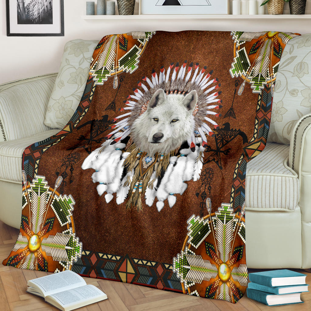 white-wolf-with-headress-feathers-blanket