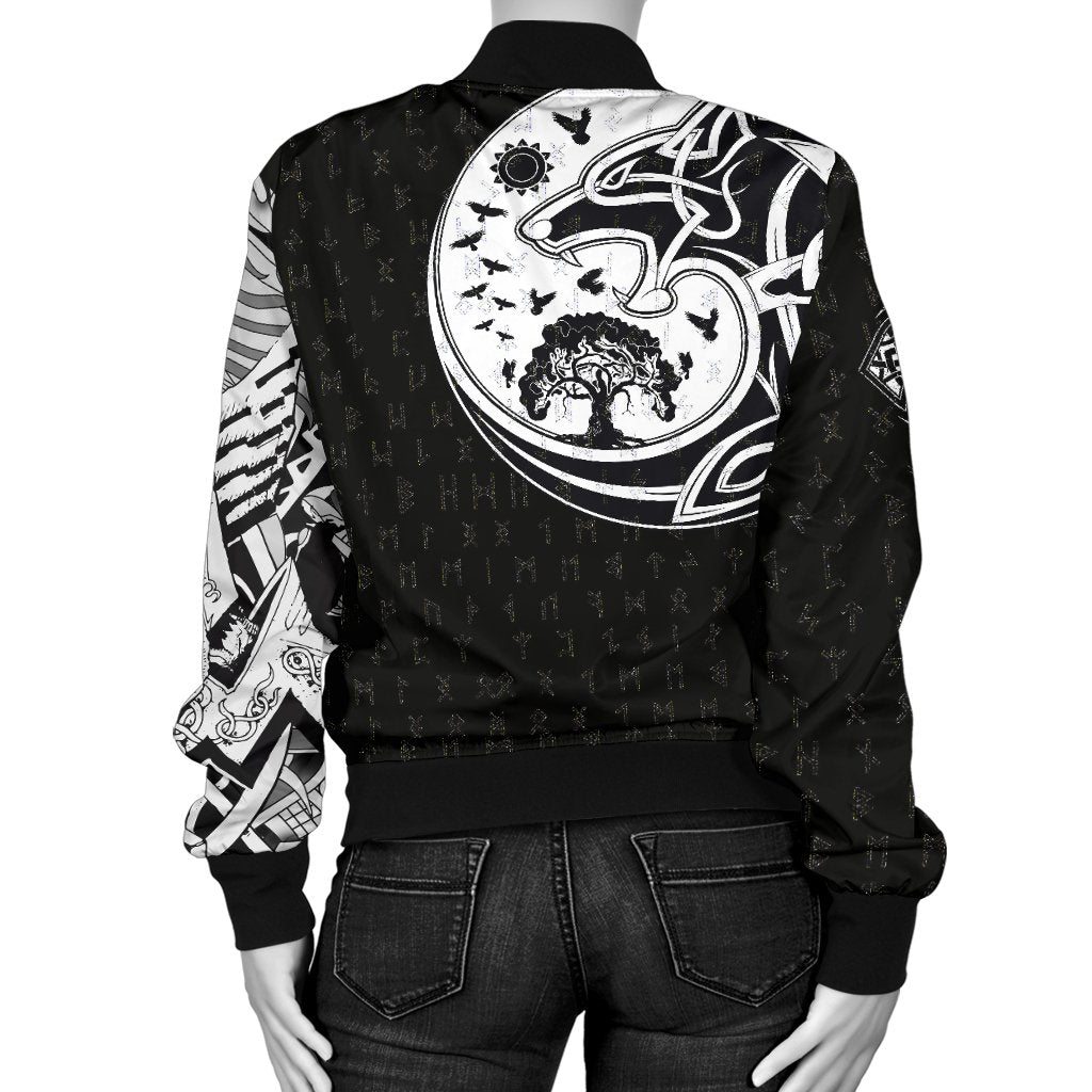 Viking Women's Bomber Jacket, Skoll and Hati Rune Tattoo RLT12 - Wonder Print Shop