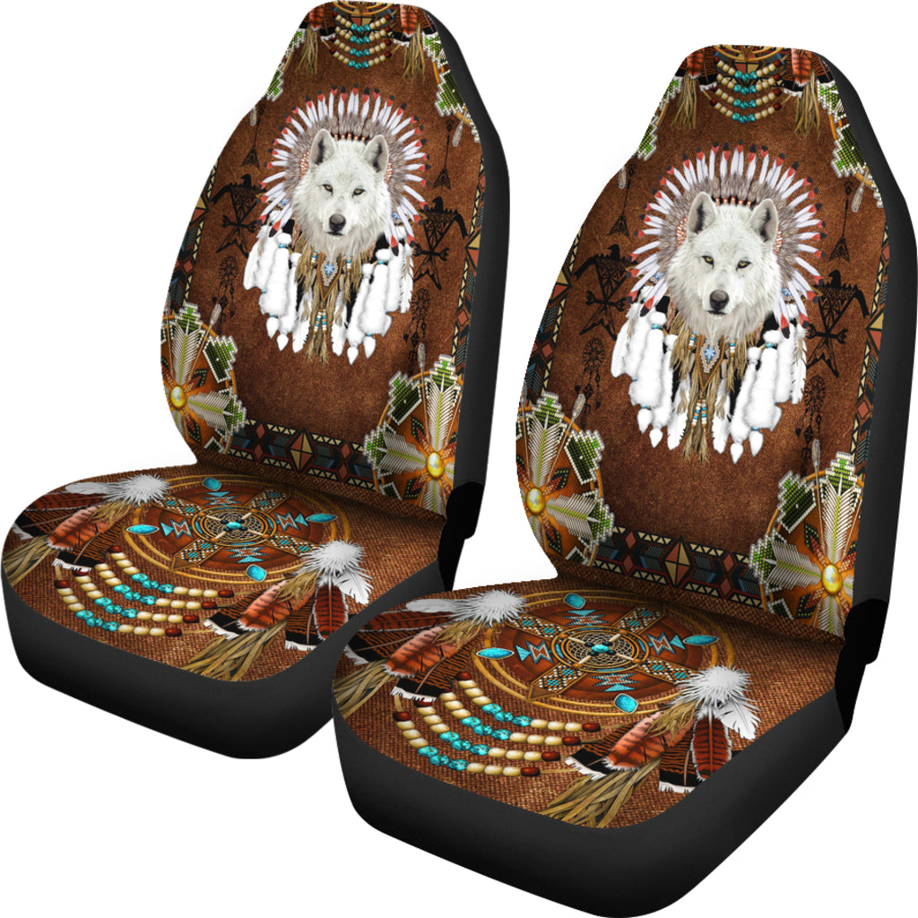 White Wolf With Headress Car Seat Cover LT10 - Wonder Print Shop