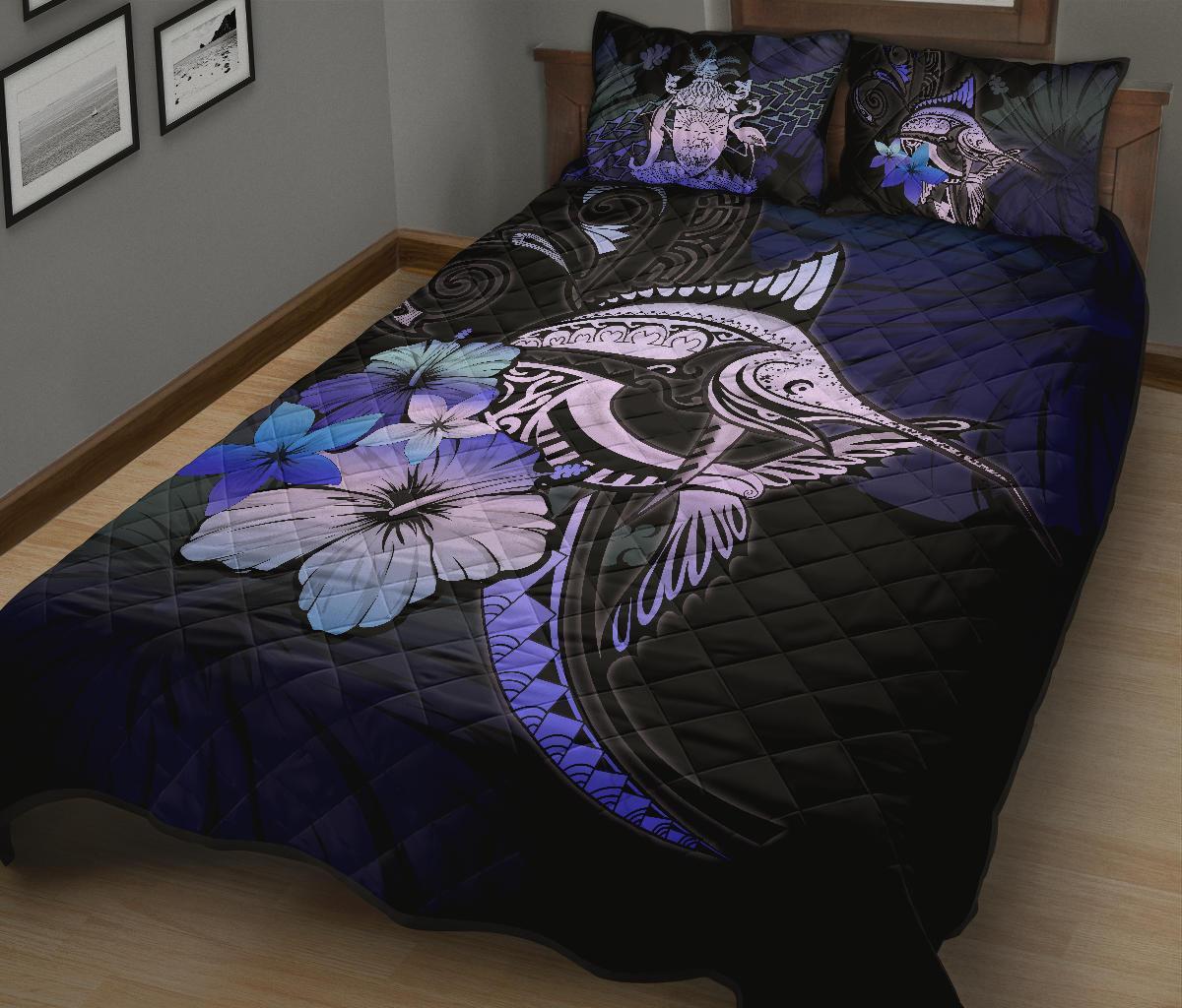The Bahamas Quilt Bed Set - Purple Blue Marlin and Hibiscus - Wonder Print Shop
