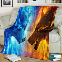 Ice Fire Wolf blanket, full view of blue wolf and orange wolf face design