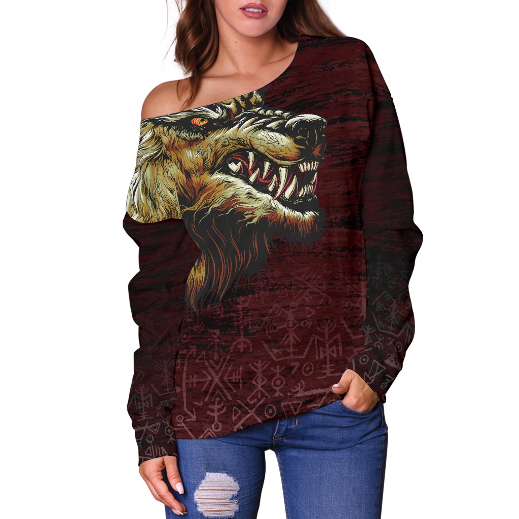 Viking Women's Off Shoulder Sweater - Fenrir On The Blood Moon Background RLT12 - Wonder Print Shop