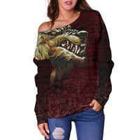 Viking Women's Off Shoulder Sweater - Fenrir On The Blood Moon Background RLT12 - Wonder Print Shop