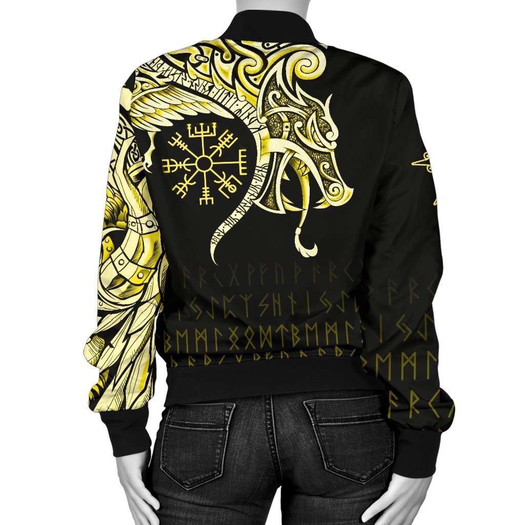 Viking Women's Bomber Jacket, Fenrir Raven and Vegvisir Tattoo Yellow RLT12 - Wonder Print Shop