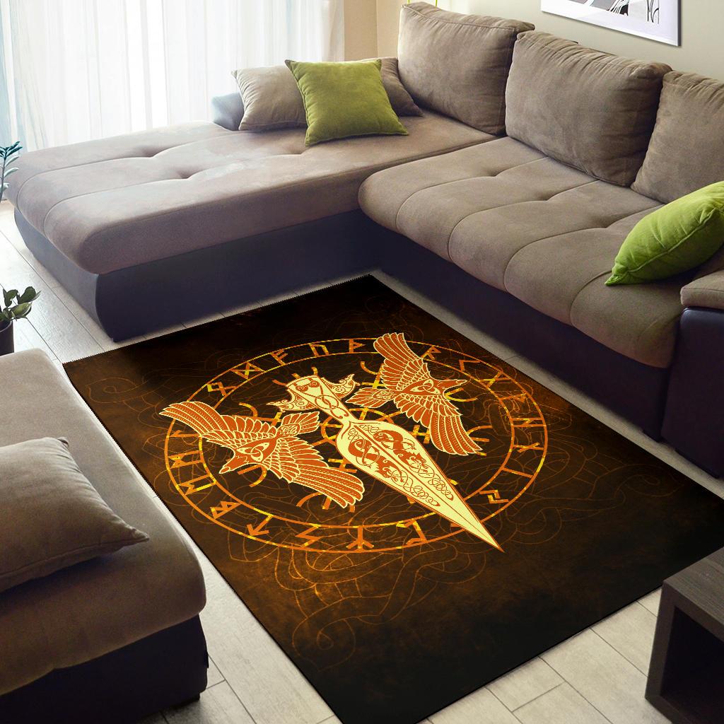 Viking Area Rug Gold Spear Of The God Odin Gungnir and Two Gold Ravens RLT12 - Wonder Print Shop