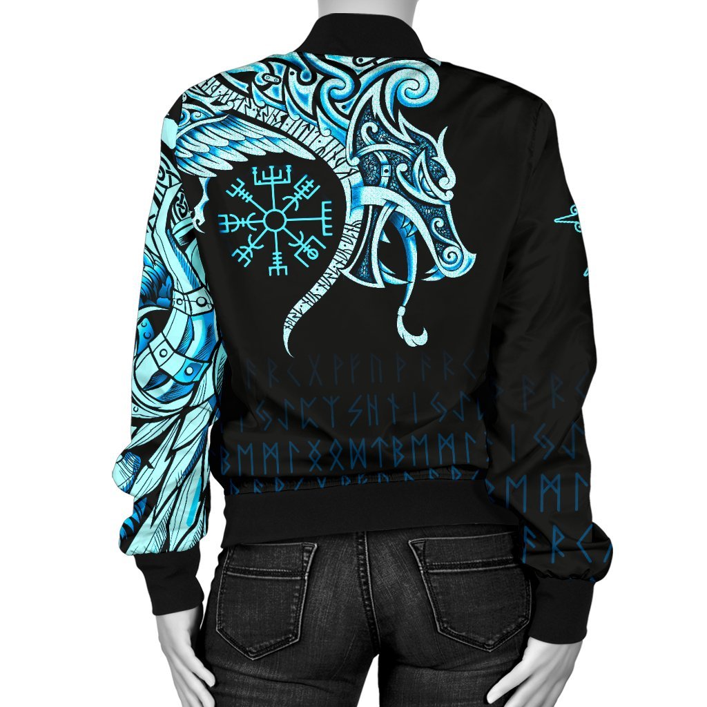 Viking Women's Bomber Jacket, Fenrir Raven and Vegvisir Tattoo Cyan RLT12 - Wonder Print Shop