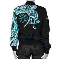 Viking Women's Bomber Jacket, Fenrir Raven and Vegvisir Tattoo Cyan RLT12 - Wonder Print Shop
