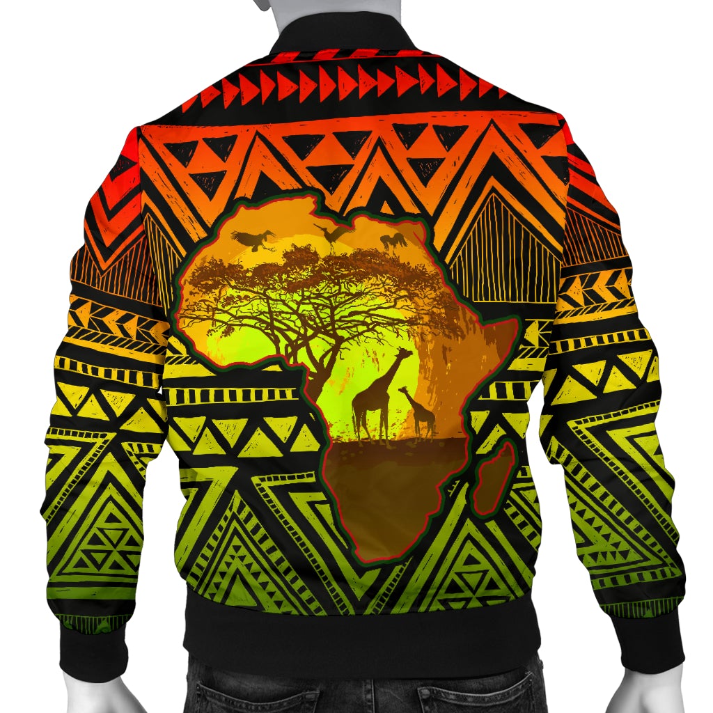 Unisex bomber jacket back view, lion silhouette in yellow with orange and green prints