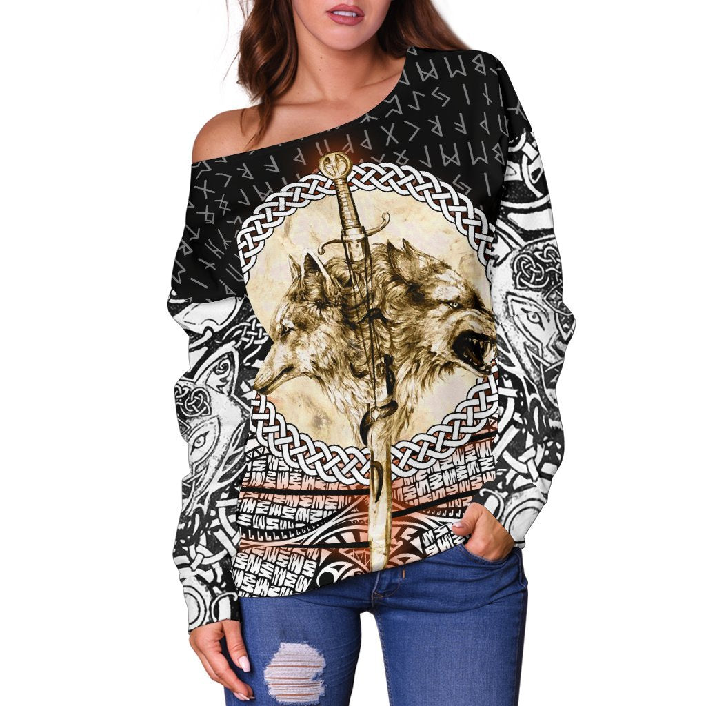 Viking Women Off Shoulder Sweater - Wolf and Vikings Tattoo 3D RLT12 - Wonder Print Shop