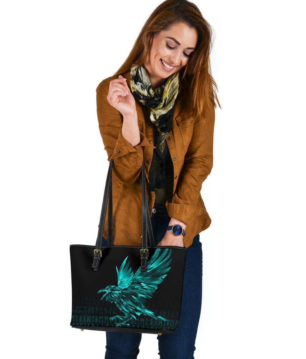 Viking Small Leather Tote Bag - The Raven Of Odin Rune Cyan RLT12 - Wonder Print Shop