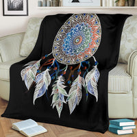 Black native dreamcatcher blanket with colorful circular mandala and hanging feather design