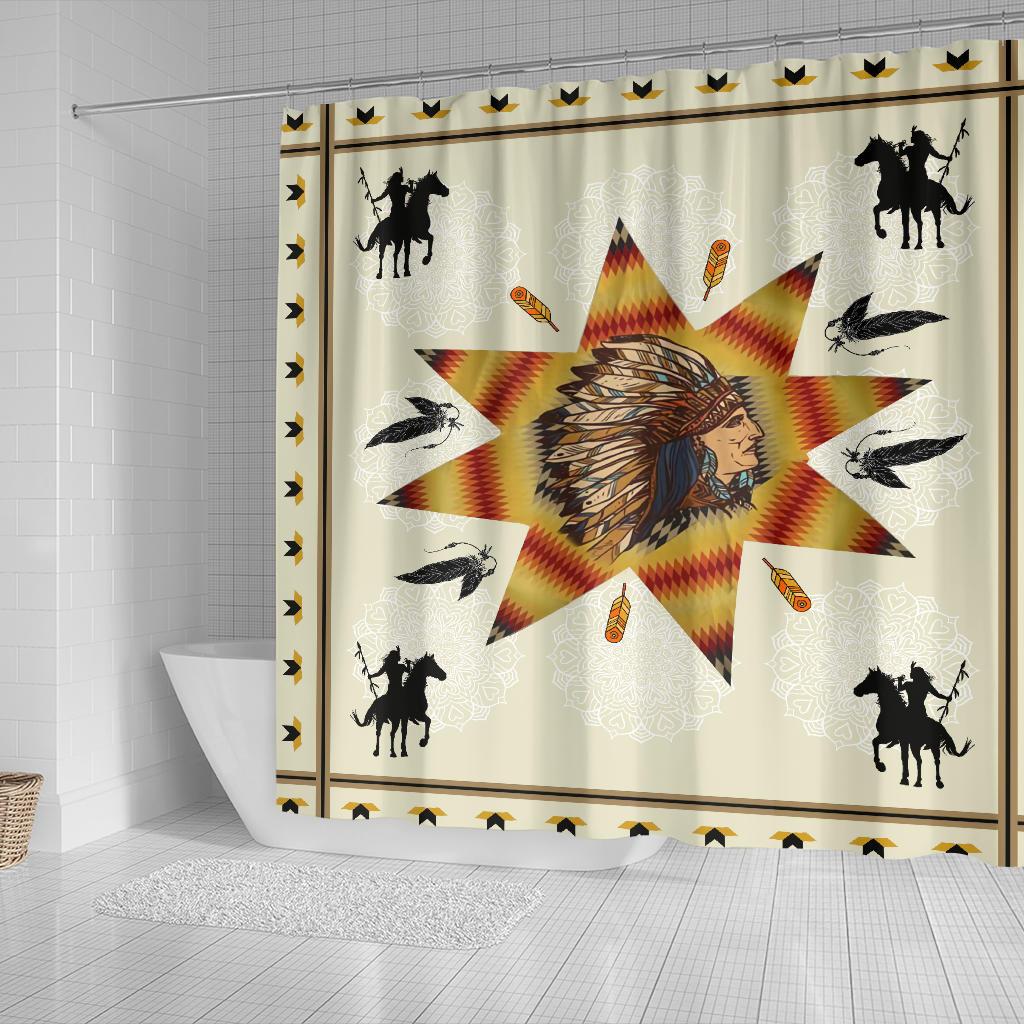 Tribal shower curtain, chief starburst center with feather motifs and silhouettes of horses