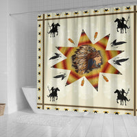 Tribal shower curtain, chief starburst center with feather motifs and silhouettes of horses