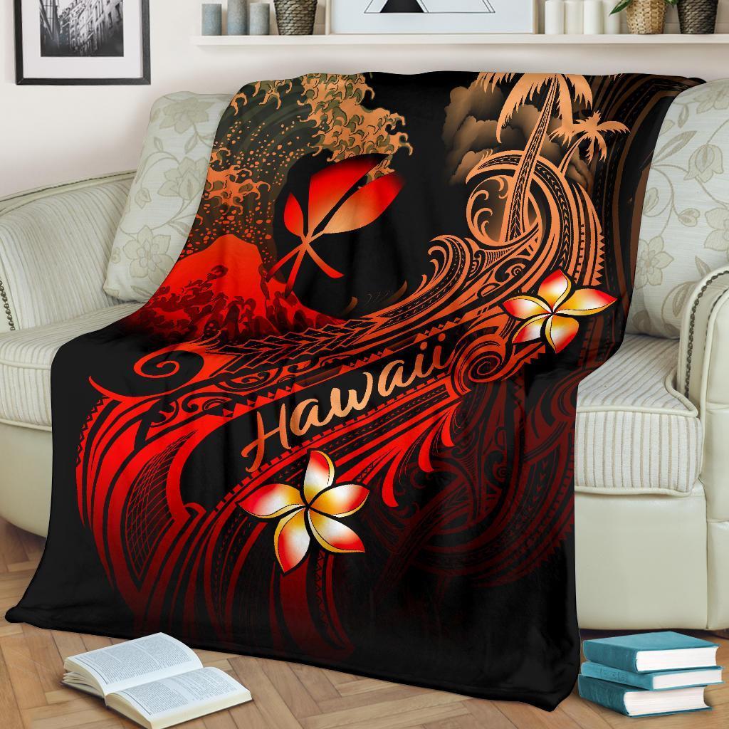 Black Hawaii-themed blanket with red plumeria flowers, palm silhouette, and flowing wave designs