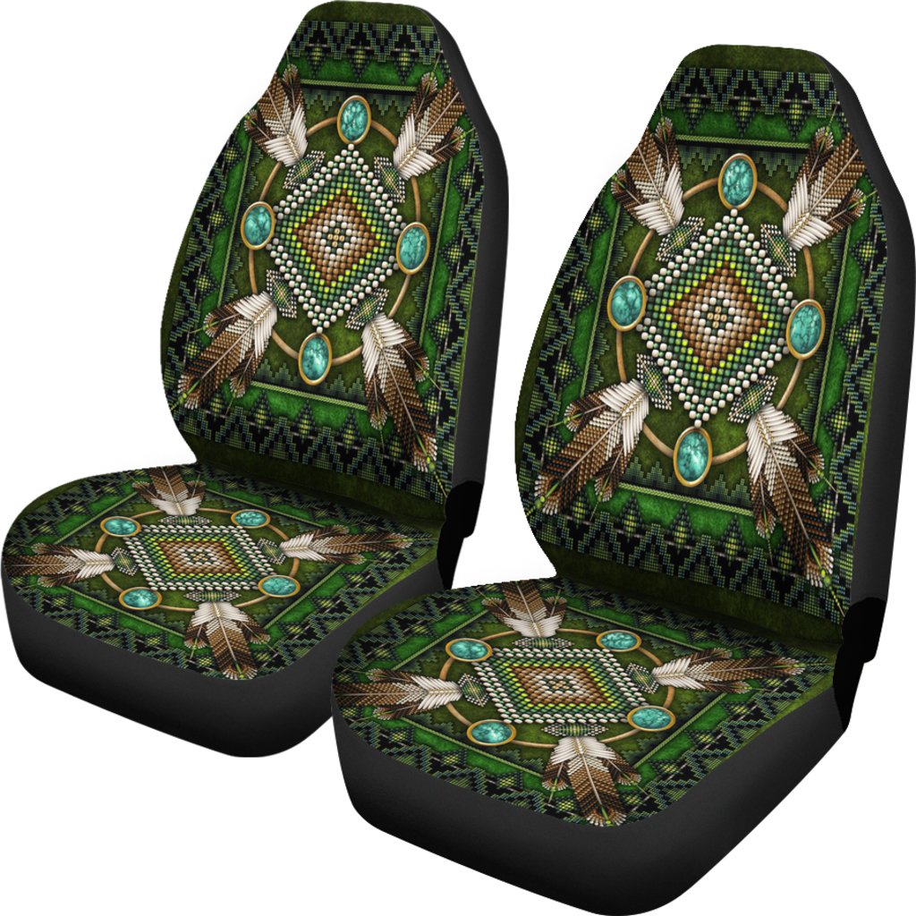Front seat cover set: green patterned backrest and seat cushion, turquoise oval details