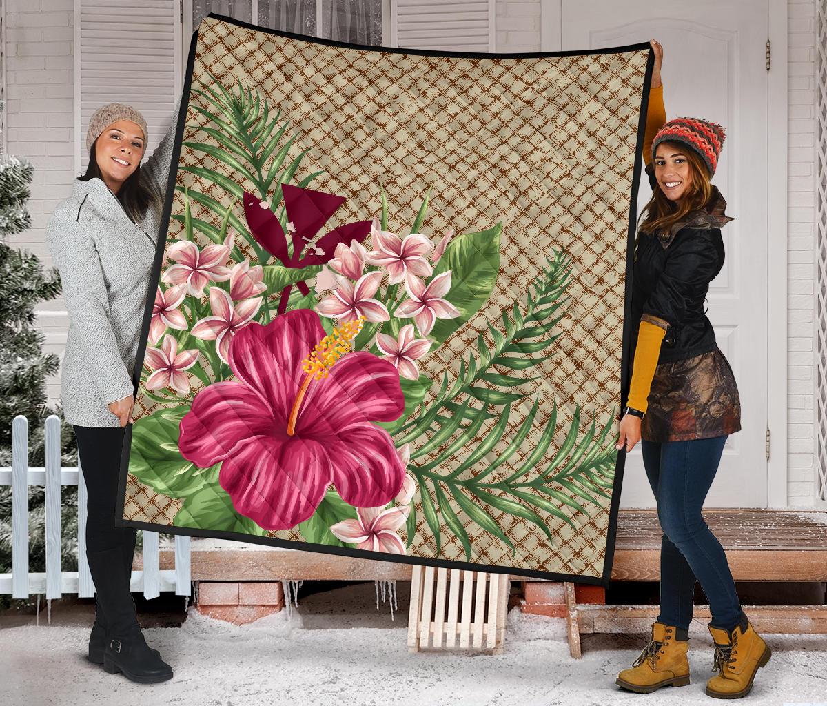 Kanaka Maoli (Hawaiian) Premium Quilt - Lauhala Hibiscus and Plumeria - Wonder Print Shop