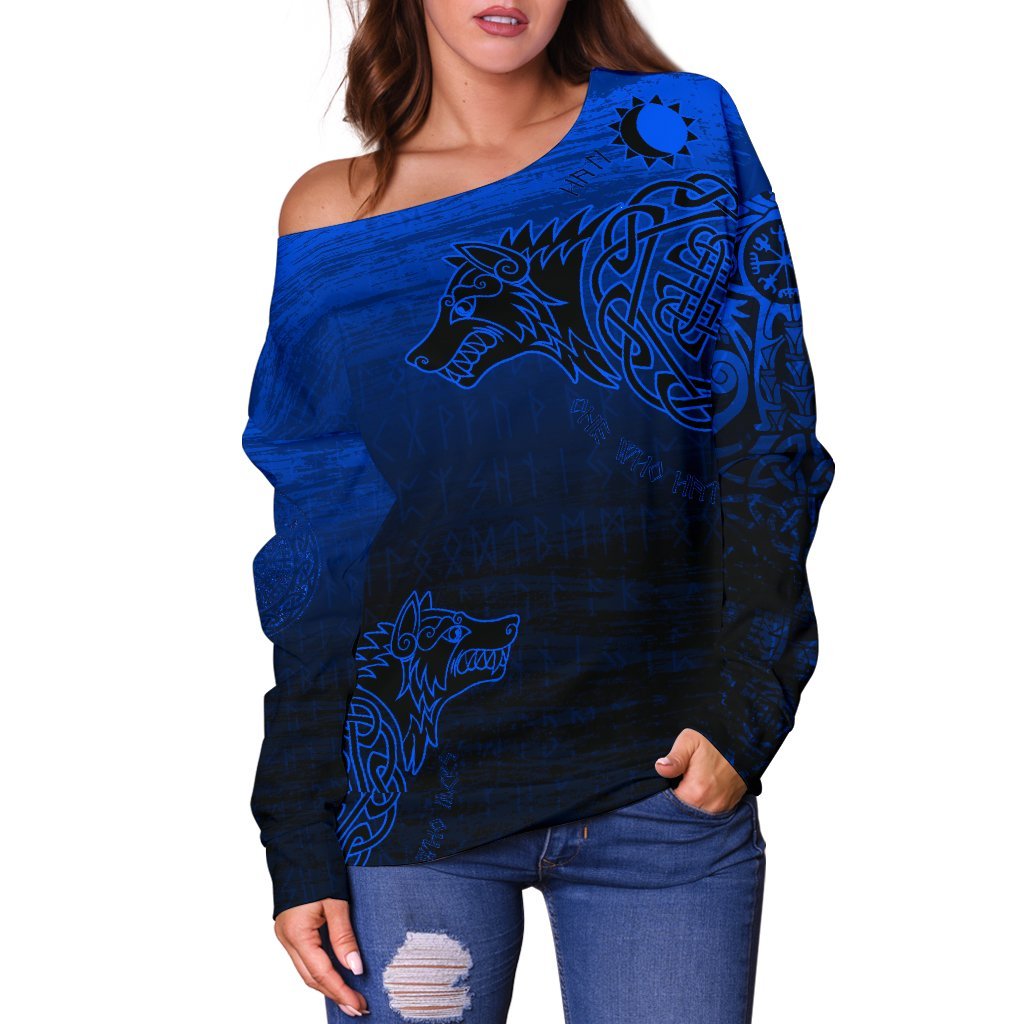 Viking Women's Off Shoulder Sweater, Skoll and Hati RLT12 - Wonder Print Shop