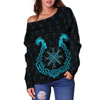 Viking Women's Off Shoulder Sweater, Aegishjalmur Helm Of Awe Blue Edition RLT12 - Wonder Print Shop