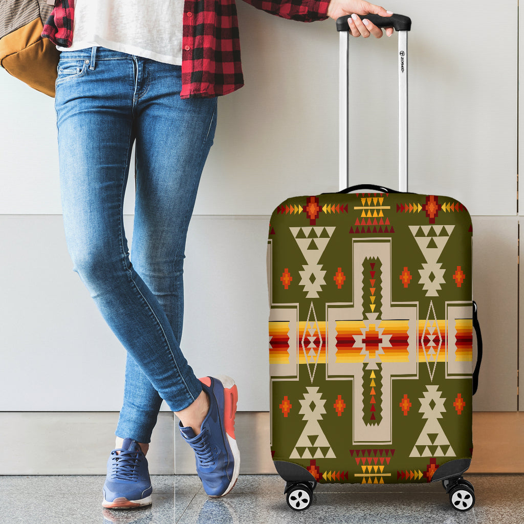 Olive green travel luggage cover with multicolor tribal geometric print, elastic-fit over suitcase